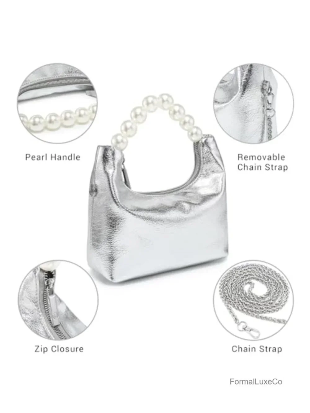 Faux Leather Pearl Handle Evening Clutch Purse with Detachable Chain